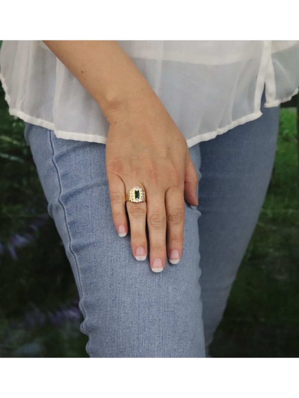 18k Gold Over Sterling Silver Lab Created Emerald & Cubic Zirconia Ring Size 7 - Picture 2 of 9